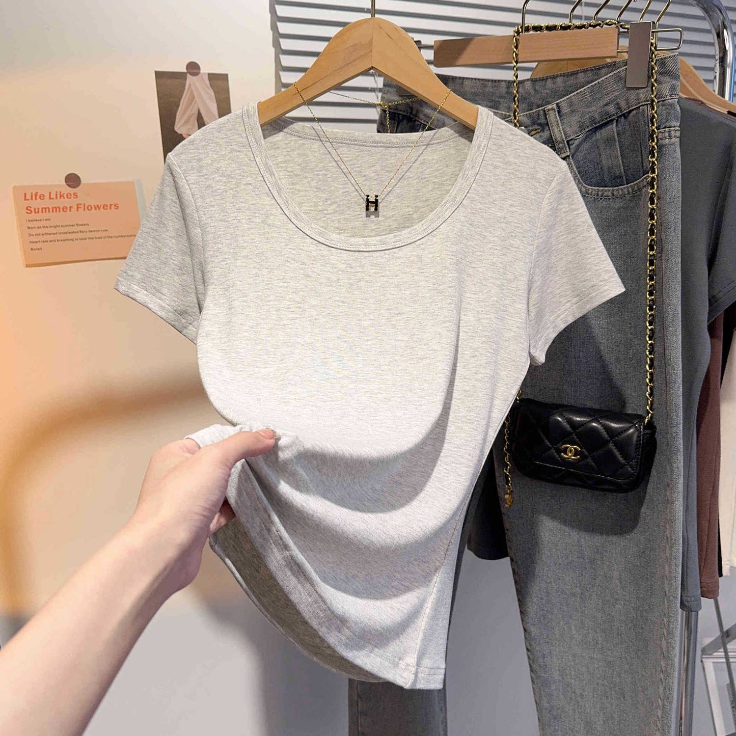 Gray blue u-neck short-sleeved t-shirt women's summer front shoulder Korean versatile tight round neck fashion bottoming shirt slim top