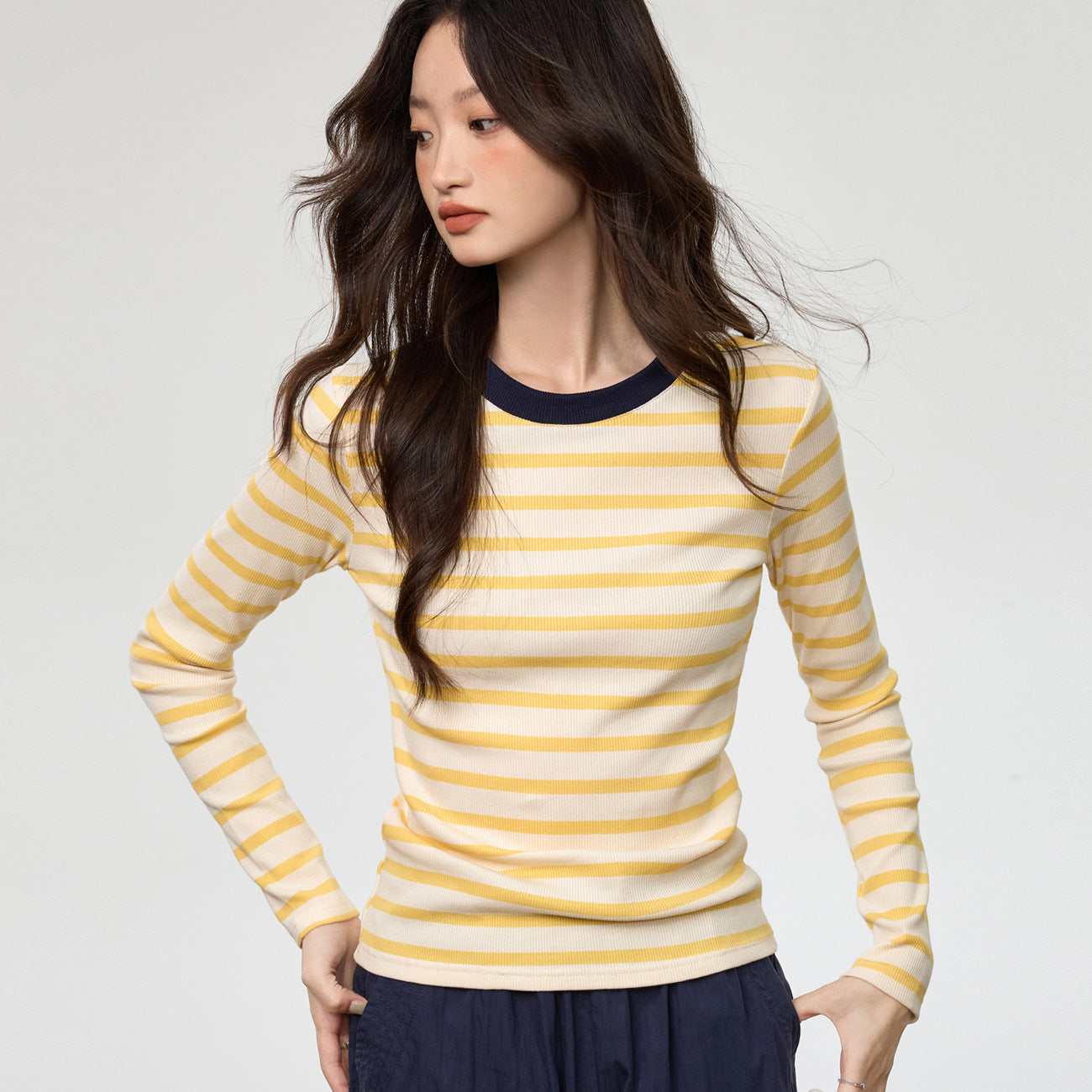 #Selection of pure cotton #Contrasting striped round neck long-sleeved T-shirt women's 2026 autumn and winter new slim-fitting and thin bottoming top