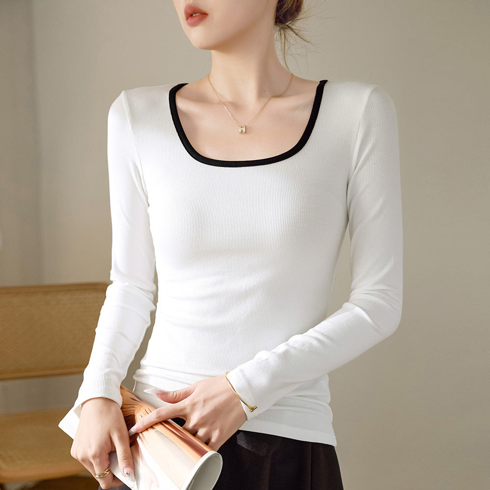 Selection of high elastic thin threaded square neck T-shirt women's long sleeves 2026 autumn and winter new outer wear contrasting color inner bottom top