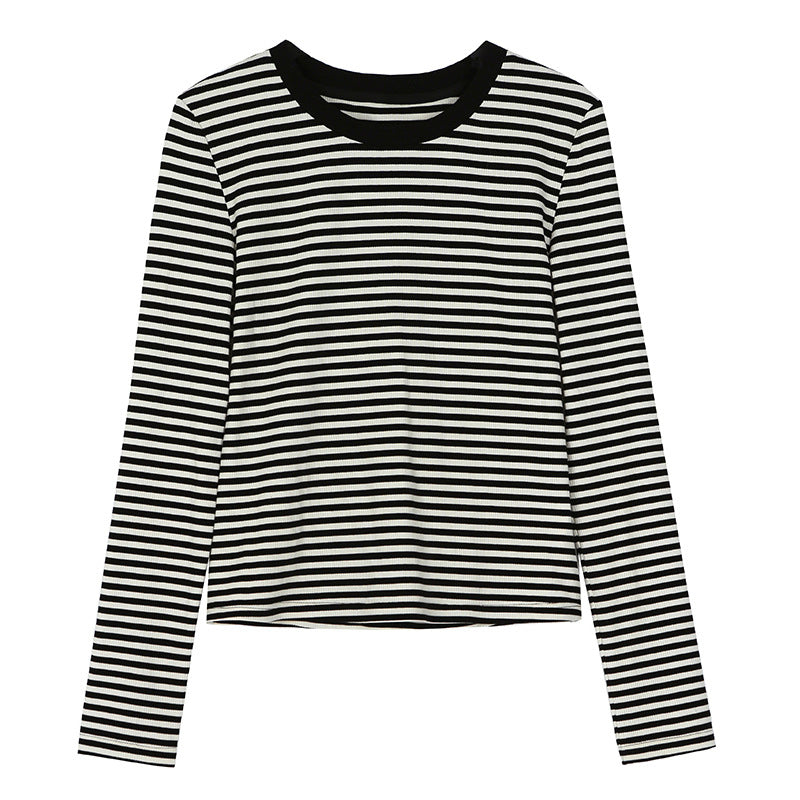 High quality, black and white striped t-shirt women's pure cotton 2026 autumn and winter wear new slim-fit front shoulder top long-sleeved bottoming shirt