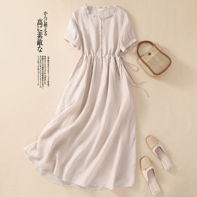 Real shot 2025 summer new cotton and linen literary commuting simple solid color light and thin medium and long dress women