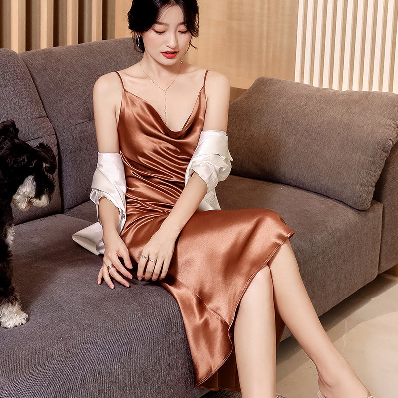2025 spring and summer swing neck acetic acid dress medium and long high-end satin silky temperament Muse new suspender dress