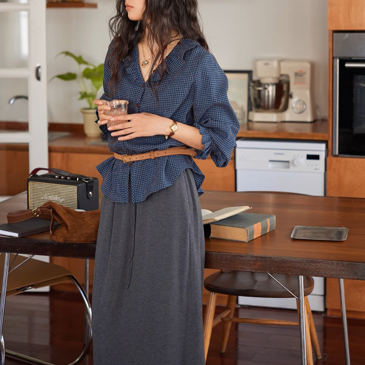 Solighter French Vintage V-Neck Checked Shirt Women's Autumn