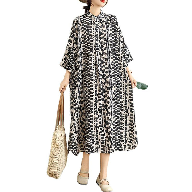 2025 autumn new literary and retro cotton and linen printing stand-up collar loose super long large size vacation dress women's clothing