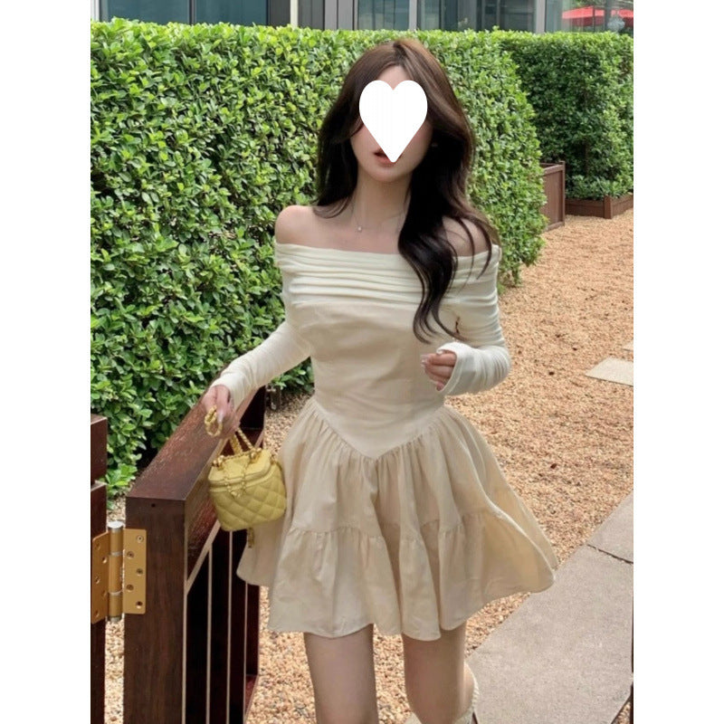 Pure desire Spice Girl one-word shoulder long-sleeved dress women's autumn high-end temperament tutu skirt waist small short skirt