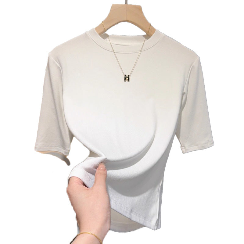 Half-sleeved T-shirt, women's five-quarter-sleeved apricot small stand-up collar, medium-sleeved top, bottoming shirt, spring and autumn Korean version, thin and advanced