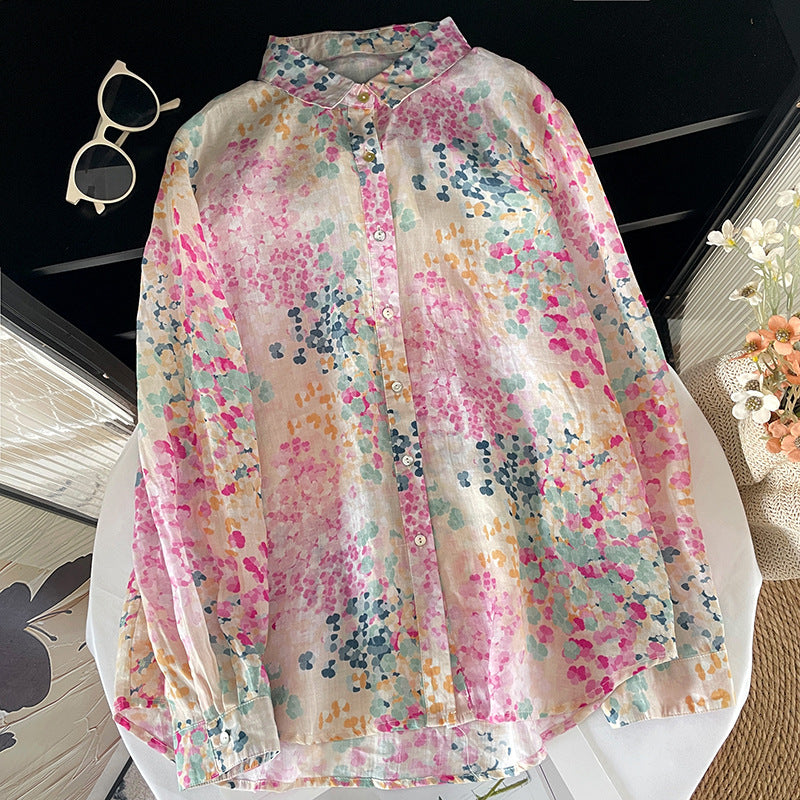 Real shot 2025 autumn new literary loose cotton and linen printed lapel long-sleeved shirt blouse top #9011