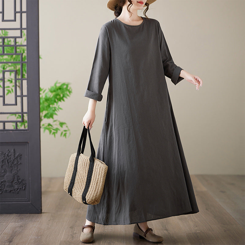 The real shot will be in the autumn of 2025. The new foreign trade cotton and linen printing loose large size long sleeve fat MM plus fat plus large dress.