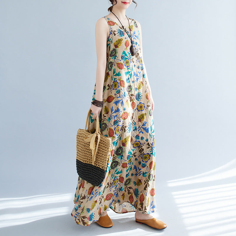 Real shot 2025 summer new literary loose cotton and linen printing round neck sleeveless dress women's medium and long #8606