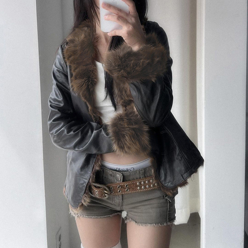 American winter new fur collar V-neck spliced leather jacket street hottie fashion slim fit warm jacket