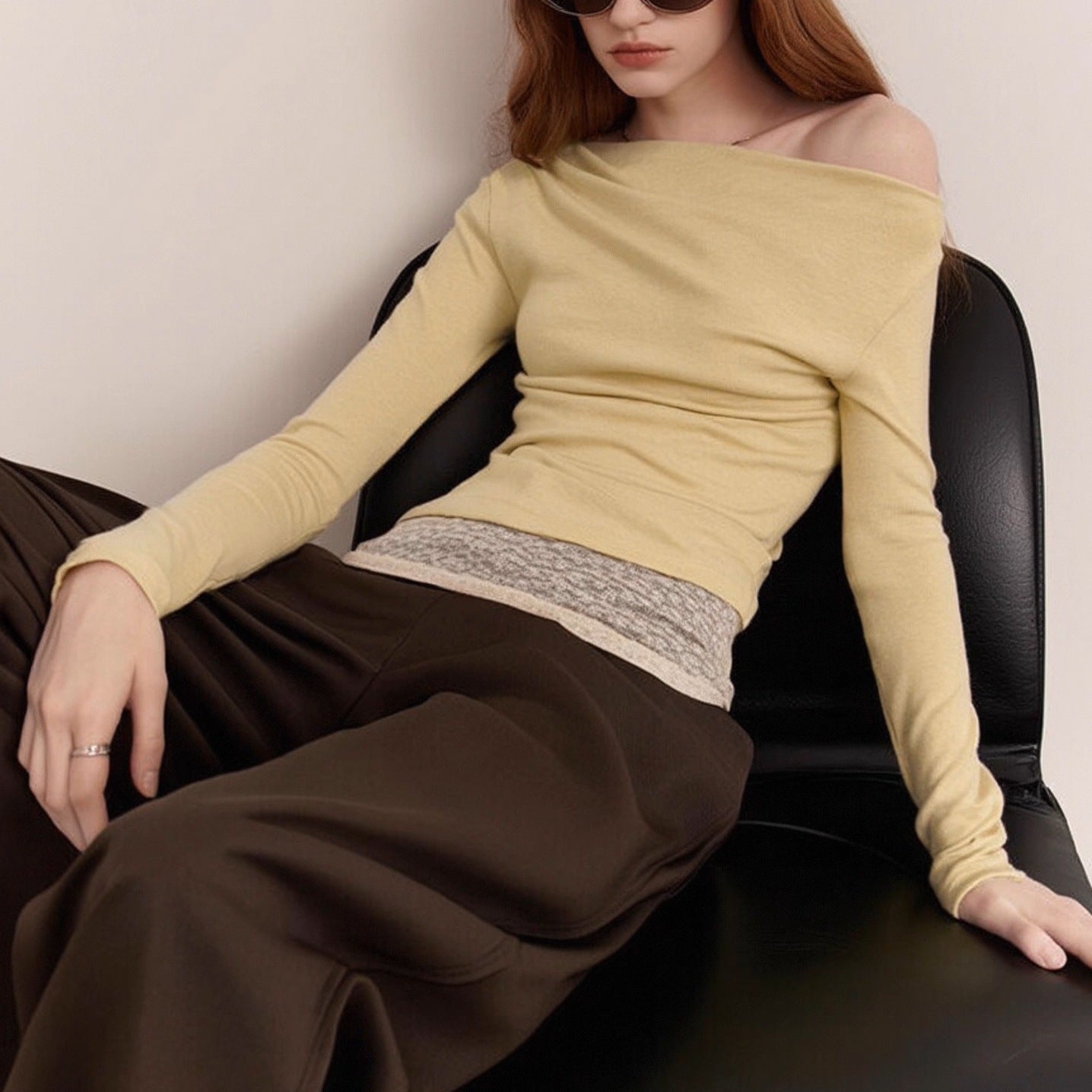 Lace splicing elegant temperament long-sleeved top 2025 autumn new gentle wind one-word collar T-shirt