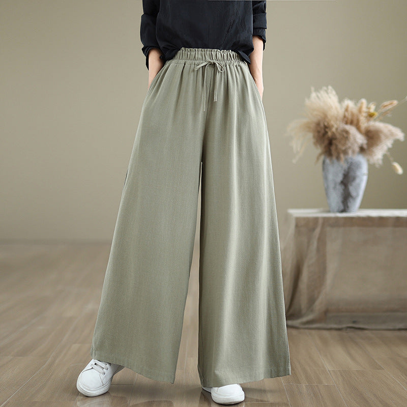 Real shot 2025 summer new cotton and linen loose and simple casual wide-leg pants elastic waist lace-up straight pants women