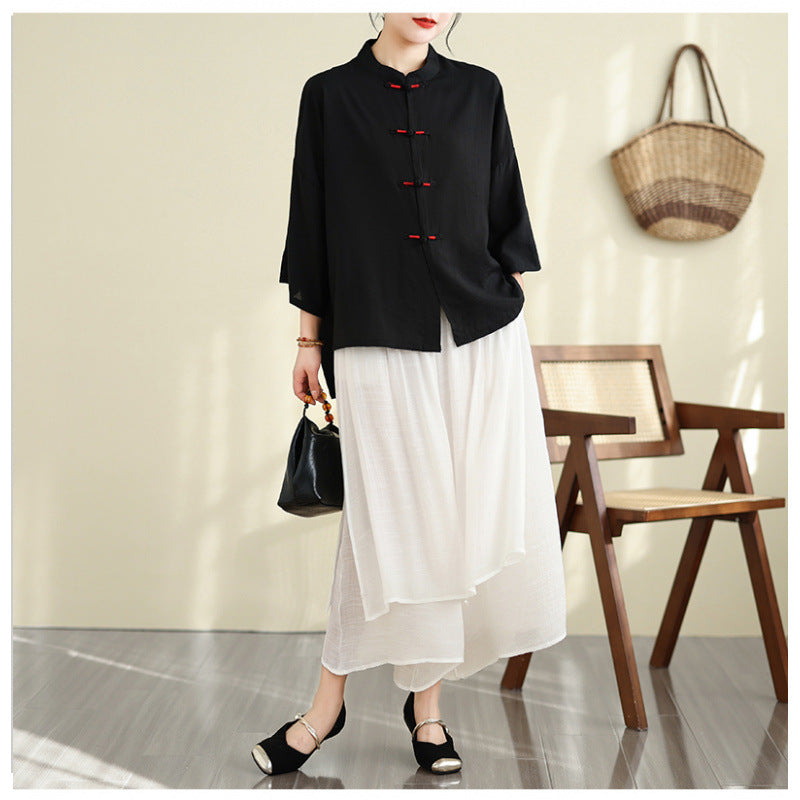 Real shot summer top women's 2025 new Chinese retro disc buckle tea clothes sunscreen air conditioner shirt set