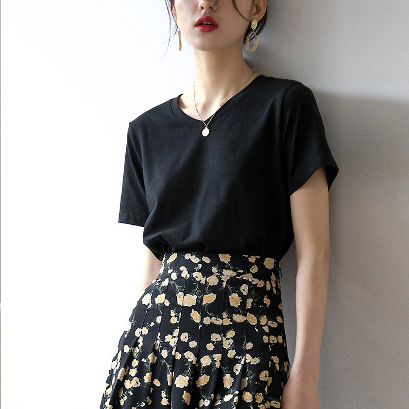 230G combed cotton V-neck short-sleeved T-shirt women's loose versatile and thin Korean version 2026 summer new bottoming shirt top