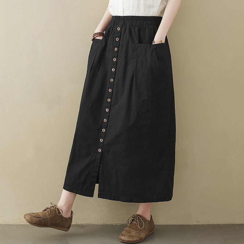 Real shot 2025 summer new literary loose solid color elastic waist skirt women's medium and long A-shaped skirt 2027 #