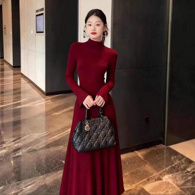 French high-end black long-sleeved dress 2025 autumn and winter new slim-fitting and thin semi-turtleneck bottomed knitted skirt