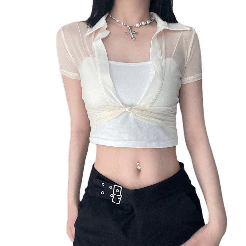 Hegel sexy thin spring perspective split design T-shirt Spice Girl short outer mesh sunscreen blouse