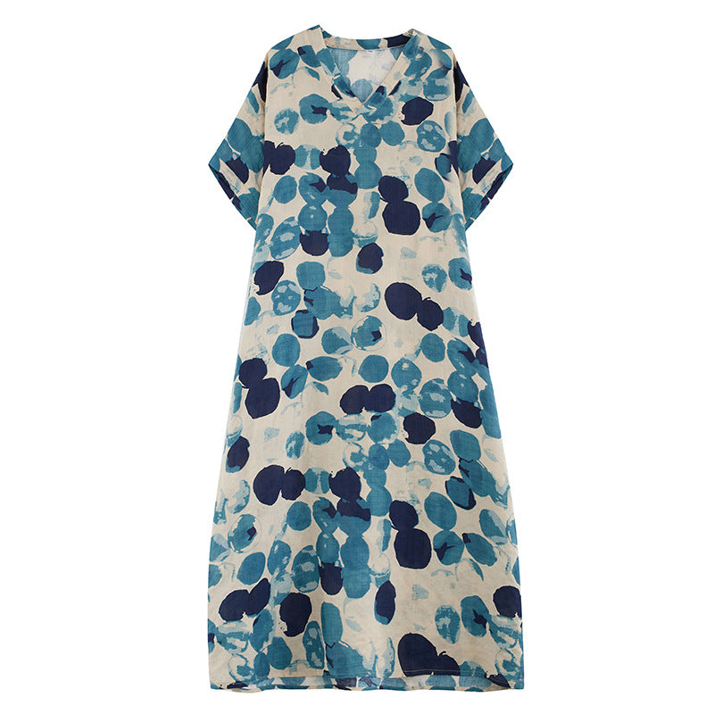 Real shot 2024 spring and summer V-neck thin cotton and linen large size loose literary holiday wind beach skirt retro long robe