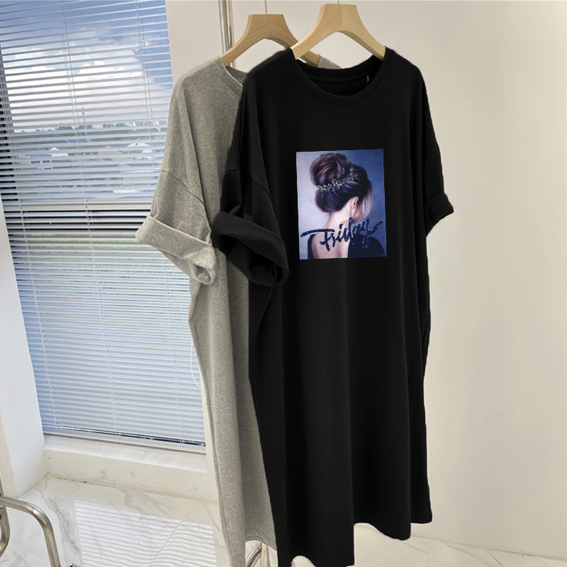 Dress women's summer 2025 new casual t-shirt skirt lazy wind fat m loose large size medium and long printed skirt women