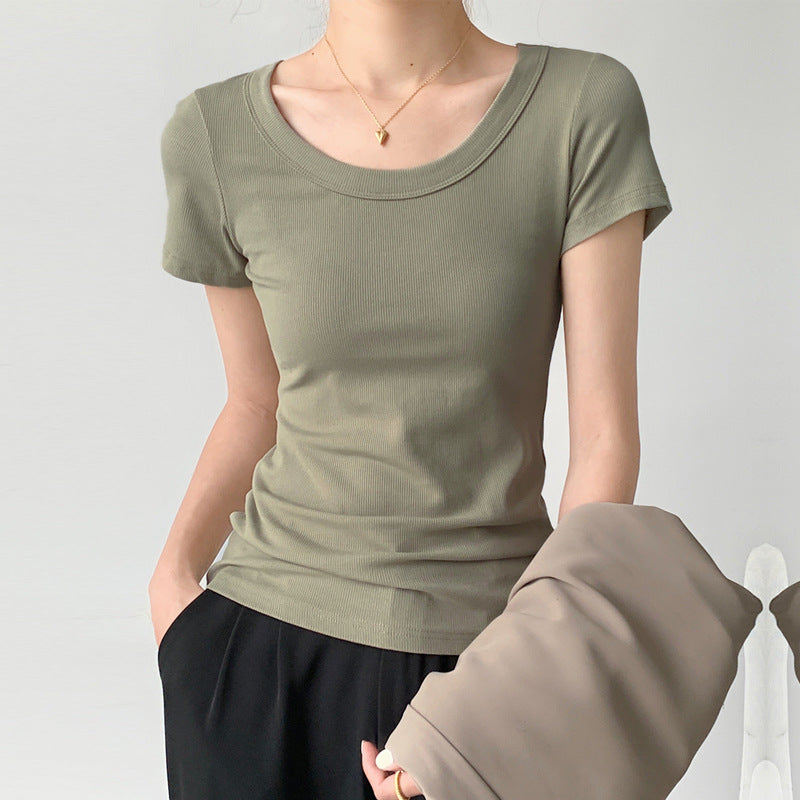 High elastic thin threaded cotton t-shirt women's short sleeve 2026 summer new U-neck casual style T-shirt bottoming top