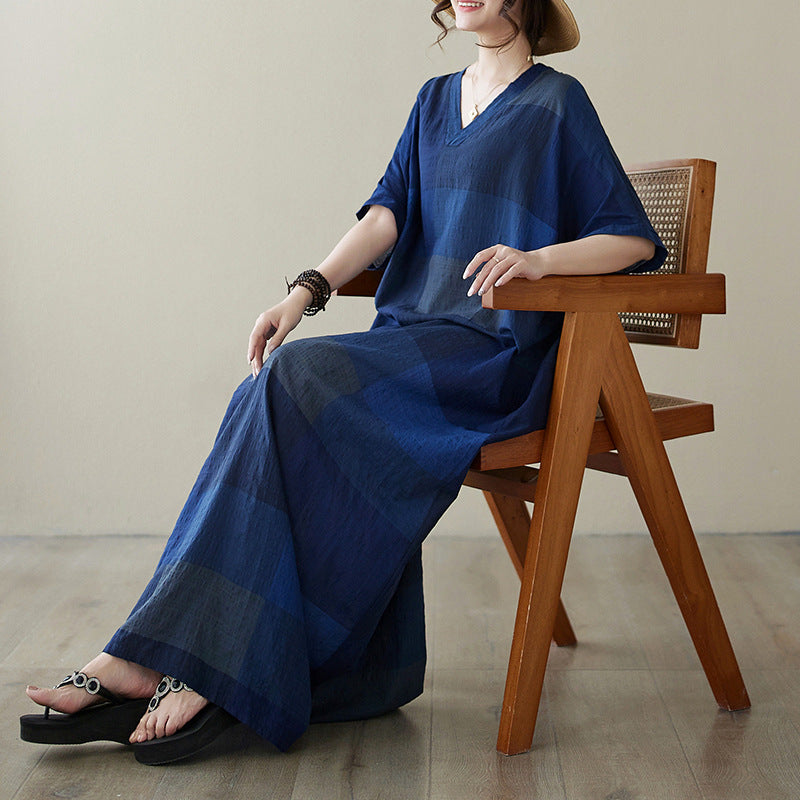 Real shot 2024 summer new V-neck cotton and linen large size loose literary holiday style medium and long beach dress women