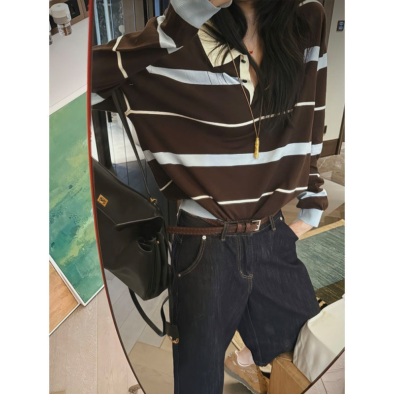 Korean contrasting striped polo collar lapel single top women's autumn unique and beautiful small fragrant style long-sleeved knitted sweater