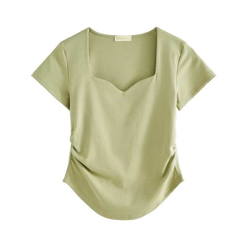 #Combed pure cotton #peach heart square neck short-sleeved T-shirt women's 2026 summer new pleated slim-fitting front shoulder top bottoming shirt