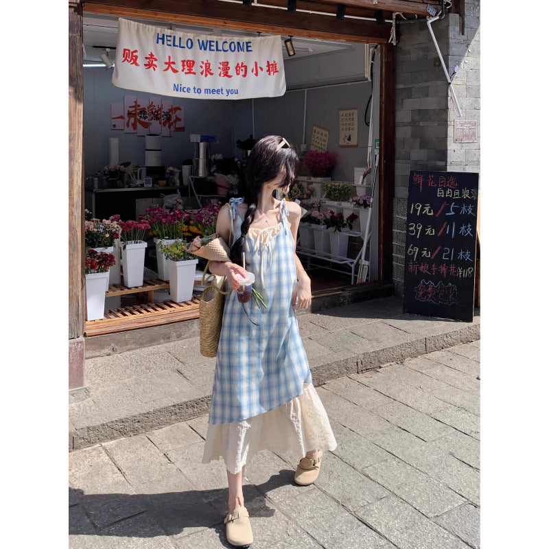 Red fake two-piece plaid lace suspender dress women's summer seaside vacation long skirt