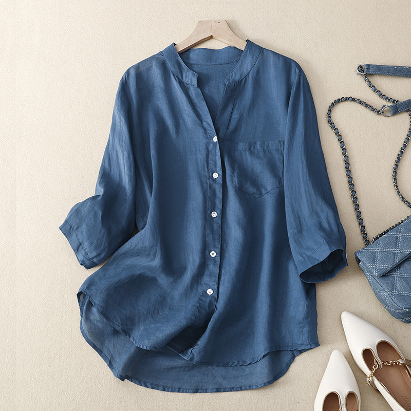 2025 summer new literary and retro loose casual solid color seven-quarter sleeve shirt top women's #22230