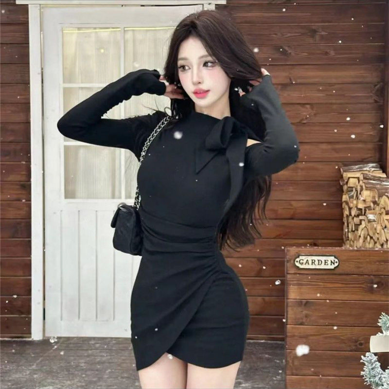 Pure desire hot girl bow off-the-shoulder long sleeve base dress women's autumn and winter new inner fit, slim and slim hip skirt
