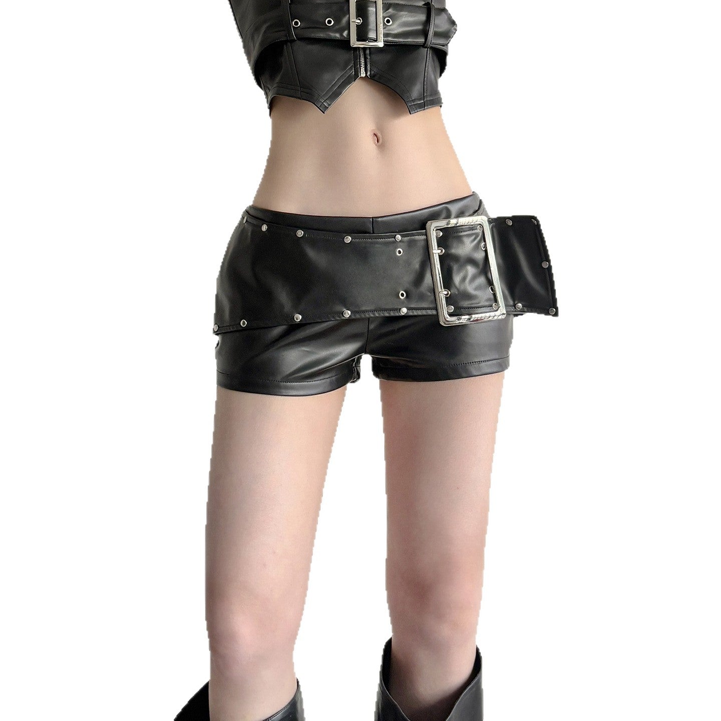 ins design sense rivet day buckle belt low waist leather pants Spice girl dark punk style straight versatile shorts
