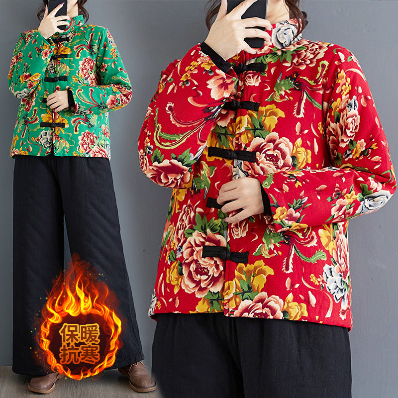 The real shot will be in the autumn and winter of 2025, the new ethnic style peony flower plus cotton button short cotton-padded clothes.