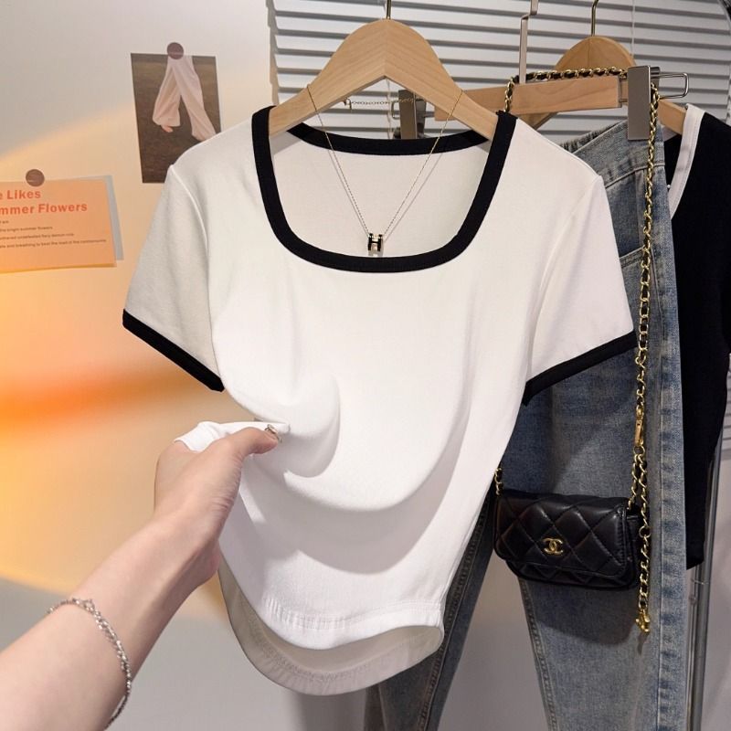 White square neck front shoulder short sleeve T-shirt women's 2025 waist fold pure desire style slim fit Spice girl slim summer top