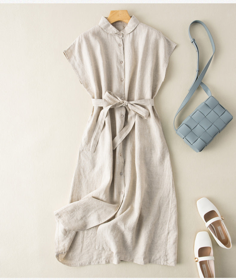 2024 summer new literary loose solid color cotton and linen lapel sleeveless dress women's waist medium and long #6276