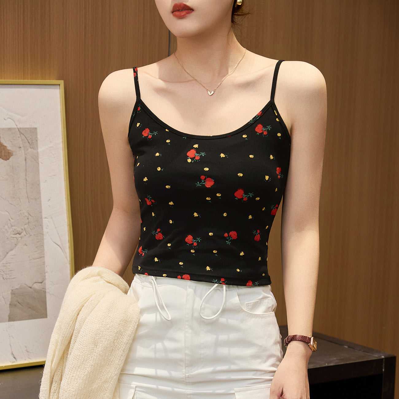 #260G combed pure cotton #rose print U-neck suspender dress women's summer 2026 new slit sexy long dress