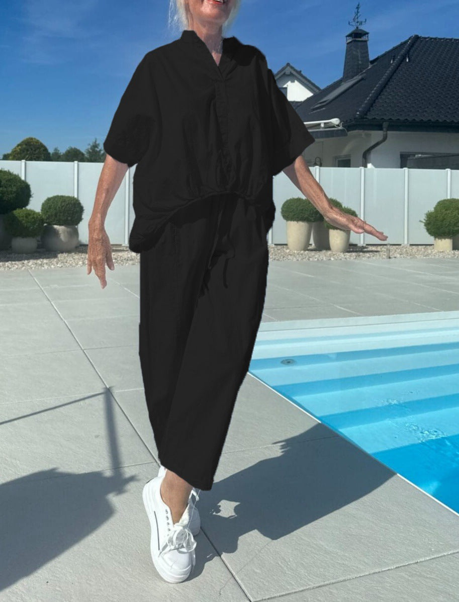 2025 summer new European and American cross-border Amazon simple solid color lapel short-sleeved fashion casual shirt set