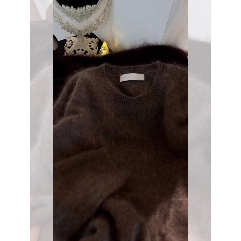 Maillard brown soft waxy mohair crew neck pullover sweater women's autumn and winter outer wear milk fufu thickened knitted top