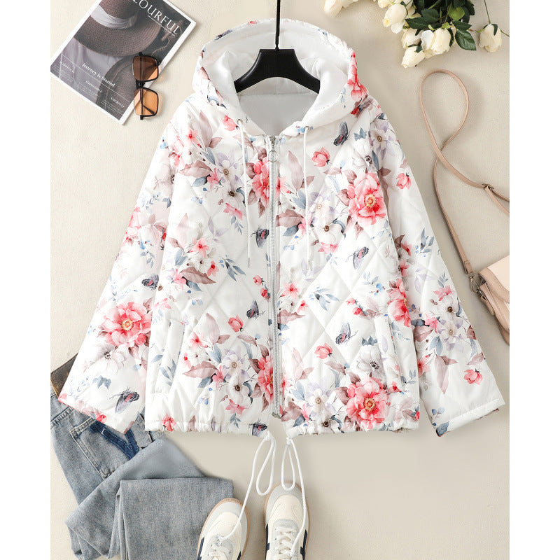 Real shot 2025 winter new hooded cotton clothes women's printing design white coat to keep warm