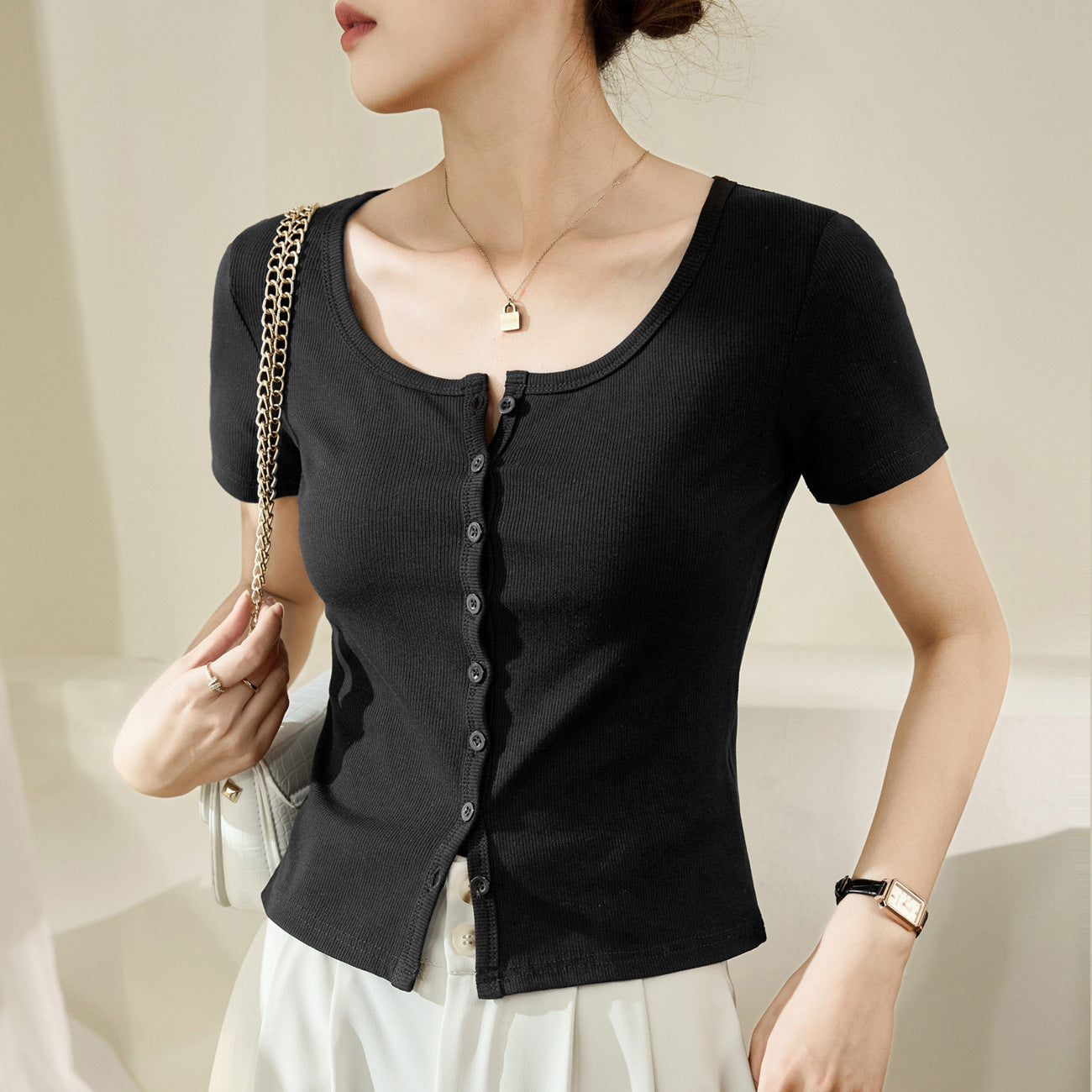 [High quality] Single-breasted button-up T-shirt women's short-sleeved 2026 summer new threaded cotton high-waisted short top