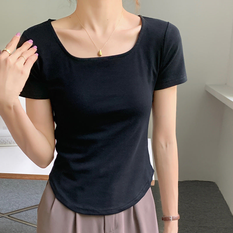 260G selection pure cotton T-shirt women's summer short sleeve 2026 new irregular curved slim and thin U-neck bottoming top