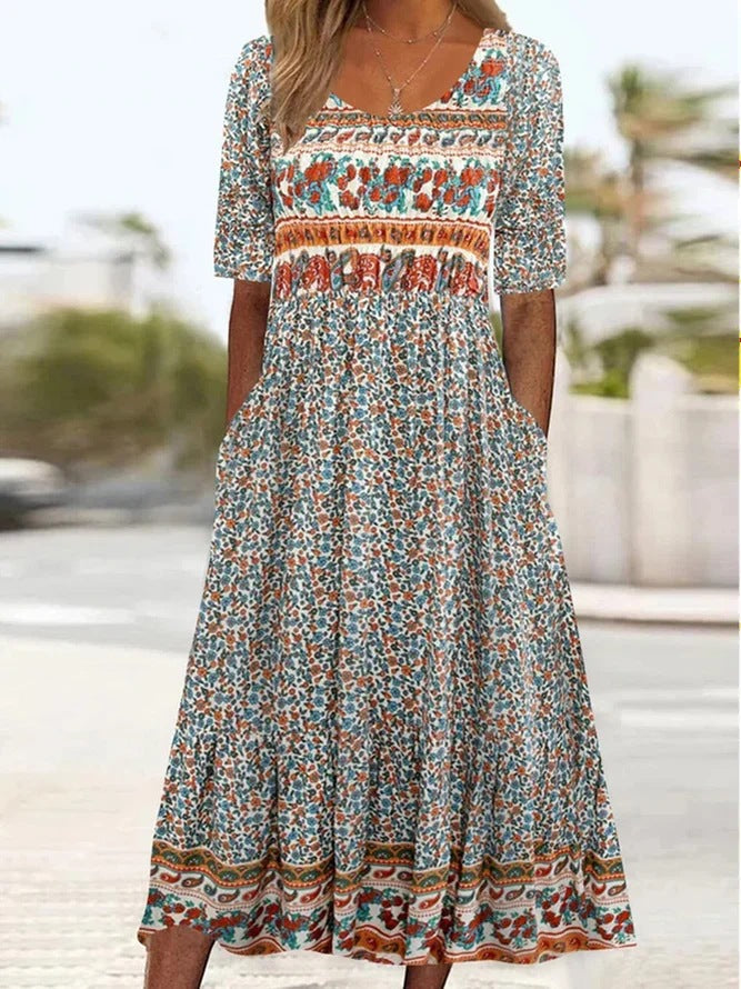 2025 Europe, America, Amazon summer new women's round neck short-sleeved long dress bohemian print dress women