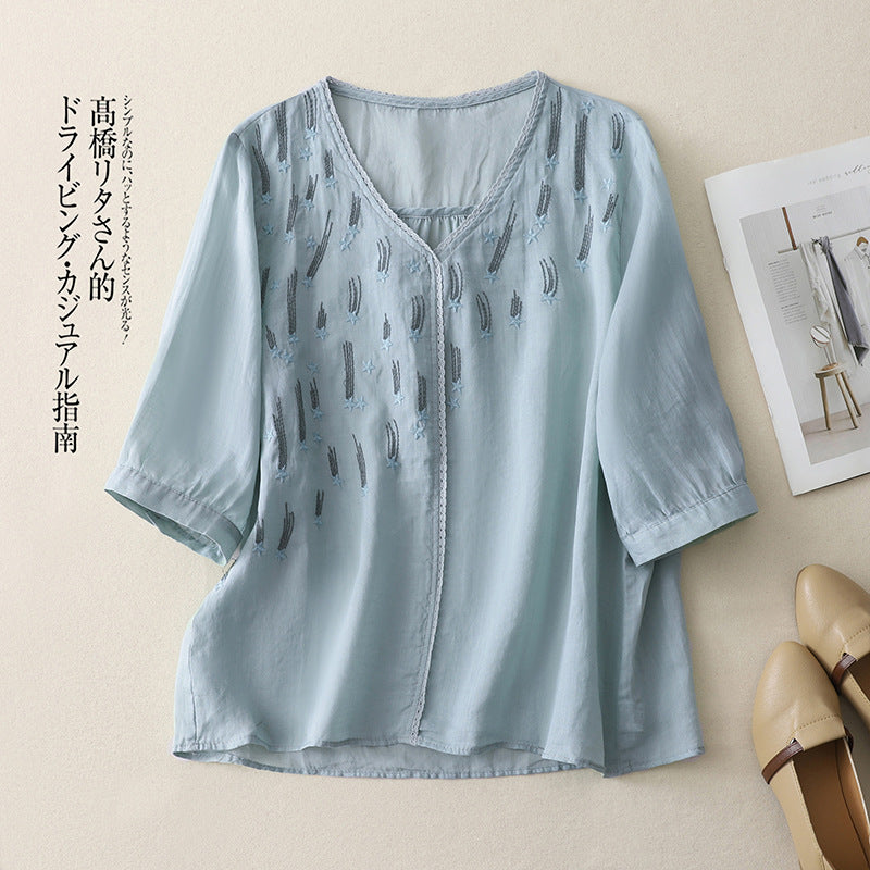 Real shot 2025 summer thin V-neck five-quarter sleeve pullover literary cotton and linen loose top T-shirt women's clothing