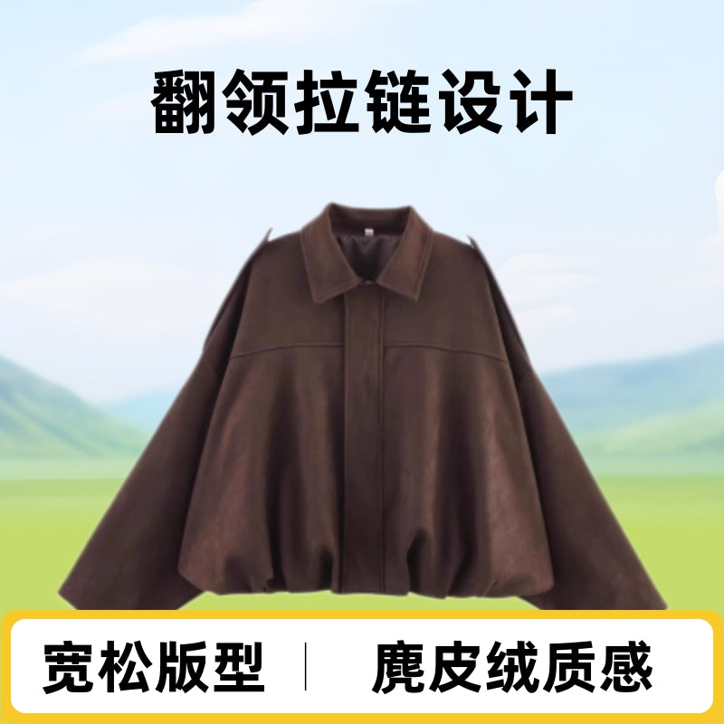 Amazon European and American women's clothing 2025 spring and autumn suede textured lapel zipper button bomber jacket jacket