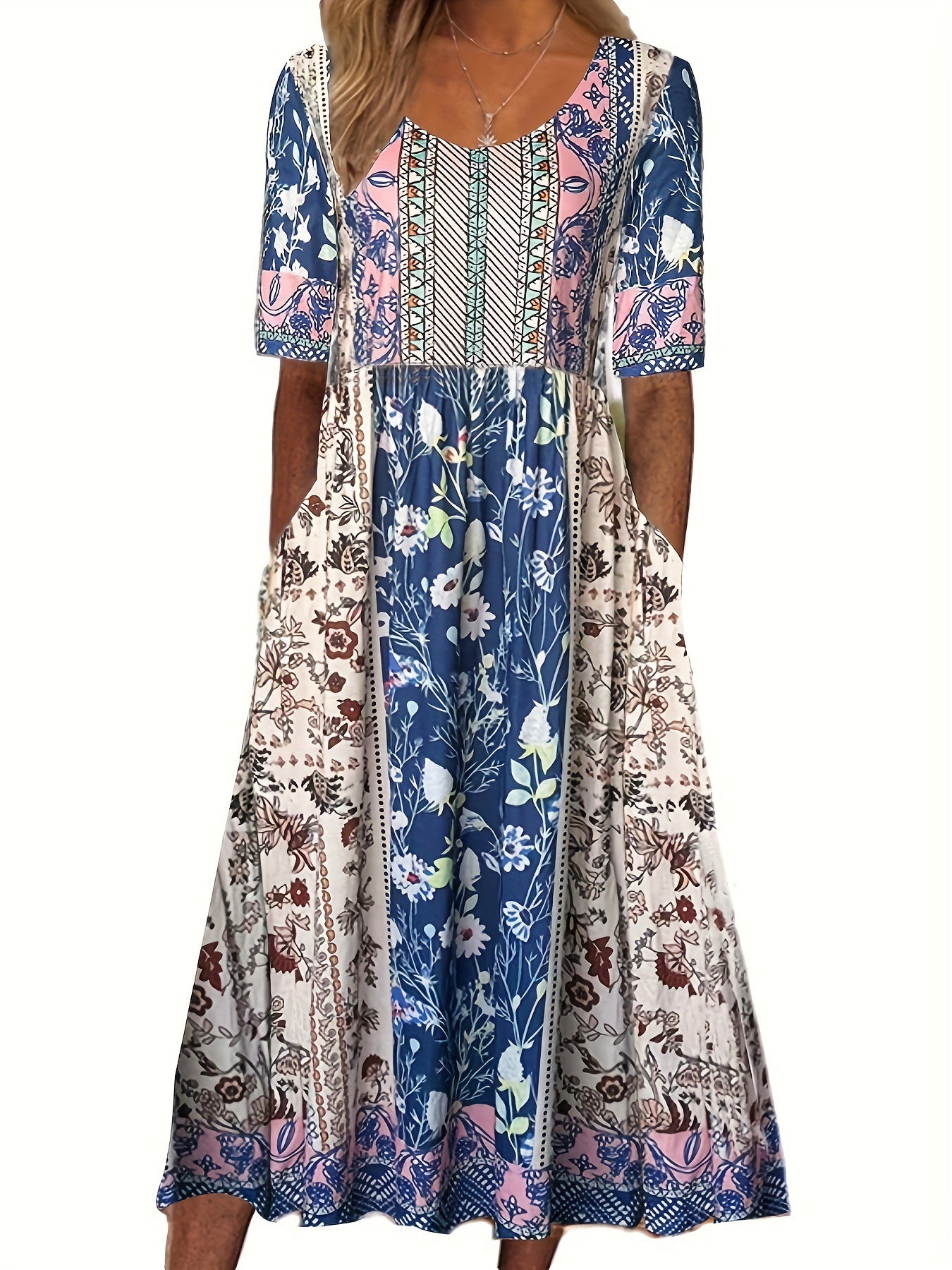 2025 Europe, America, Amazon summer new women's round neck short-sleeved long dress bohemian print dress women