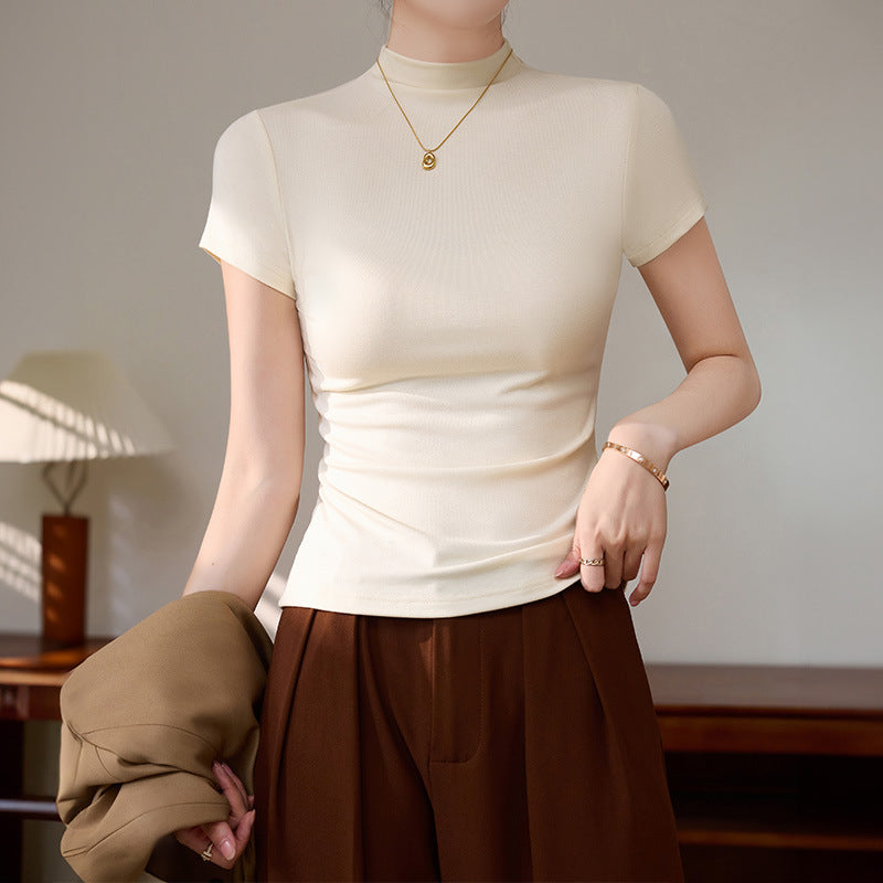 Semi-high-necked short-sleeved T-shirt women's Korean version of daily wear gray top threaded slimming hot girl spring and summer base shirt