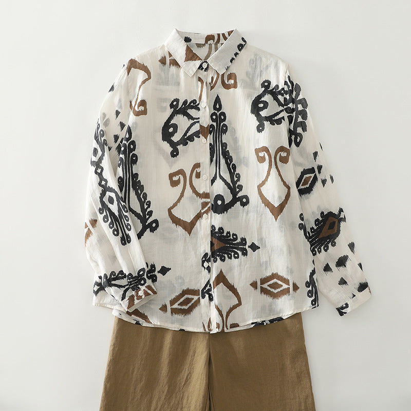 2025 early autumn new cotton and linen literary and retro loose printing long-sleeved shirt top women