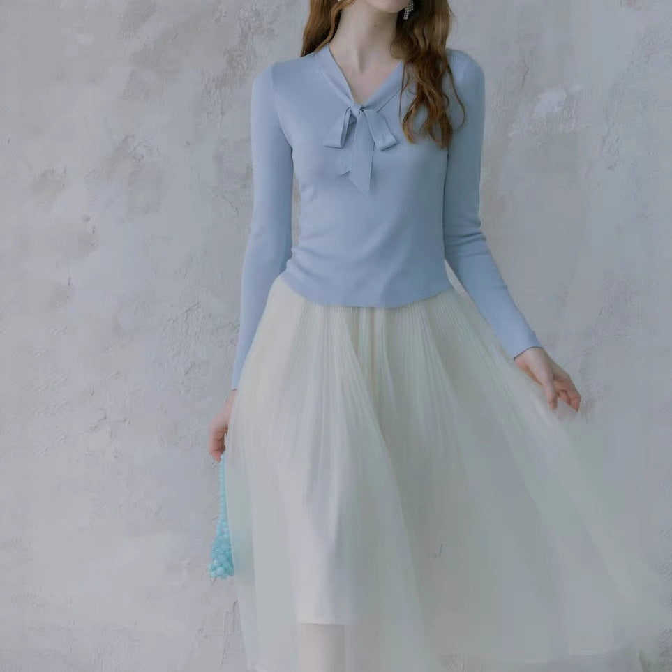 Lyocell silk wool blend! 2-color simple slim-fitting V-neck streamer knitted sweater bottoming shirt for women