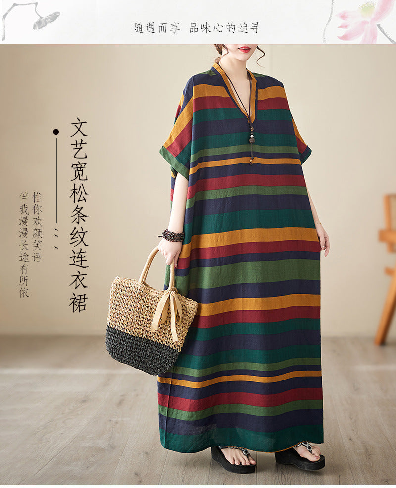 Real shot 2023 summer V-neck thin cotton and linen loose large size simple vacation style long skirt striped beach skirt women