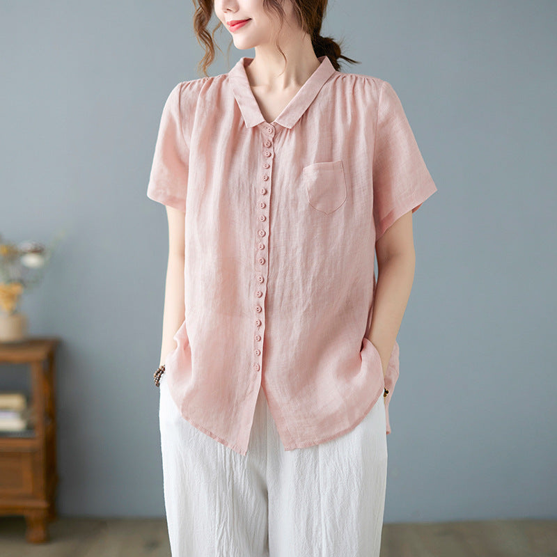 Real shot 2025 summer new literary loose solid color lapel short-sleeved shirt blouse top #8626 #