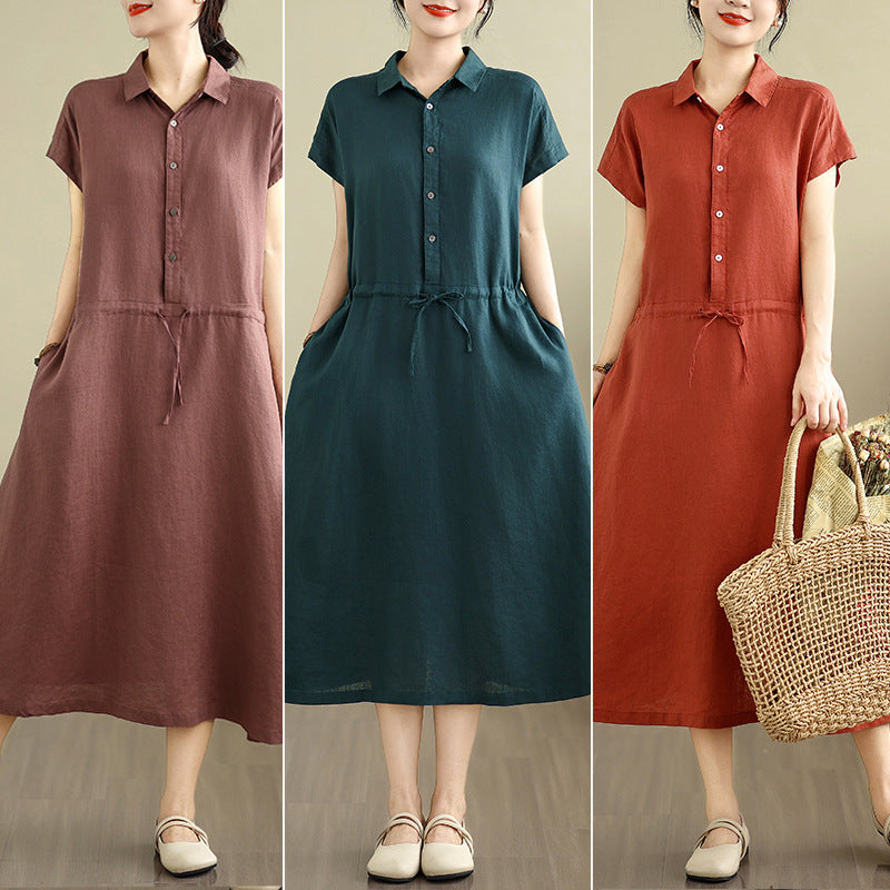 Real shot 2025 summer new cotton and linen shirt dress short sleeve lapel simple commuter shirt skirt women's clothing